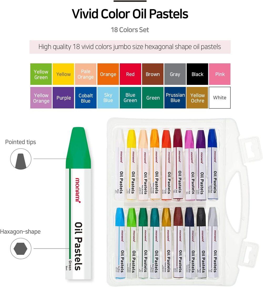 Paquet 18 Crayons De Couleur à L'Huile Pastel Monami ‎Hexagonal 
