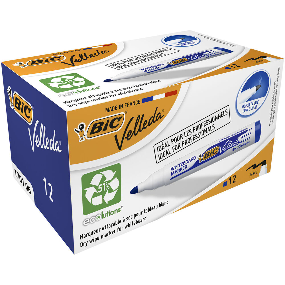 Pack 12 Marqueur Tableau Effaçable Whiteboard Bic Velleda Bleu