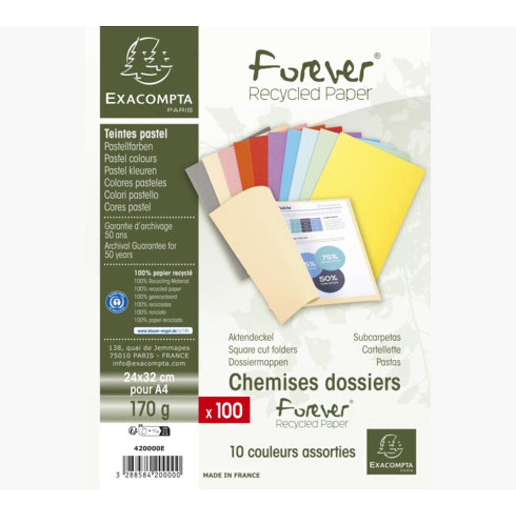Paquet 100 Chemises Cartonnées Exacompta Forever 170 Grs Assorties 420000E 
