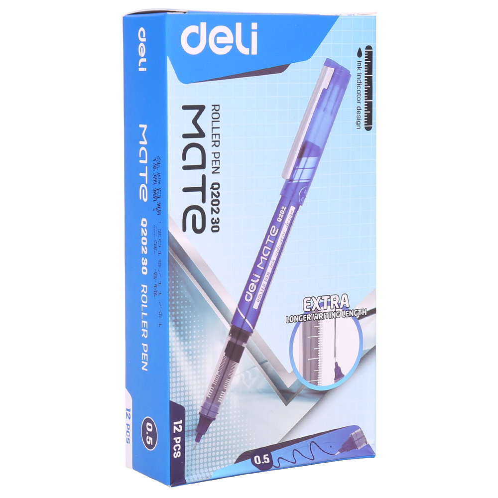 Paquet 12 Stylos Roller Pen Deli Mate  Q20230 0.5mm Bleu 