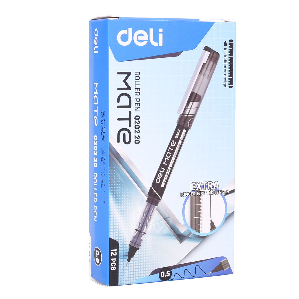 Paquet 12 Stylos Roller Pen Deli Mate  Q20220 0.5mm Noir